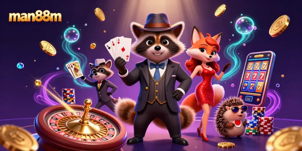 Enjoy winning strategies at man88m with a charming raccoon and fox in a vibrant casino scene.