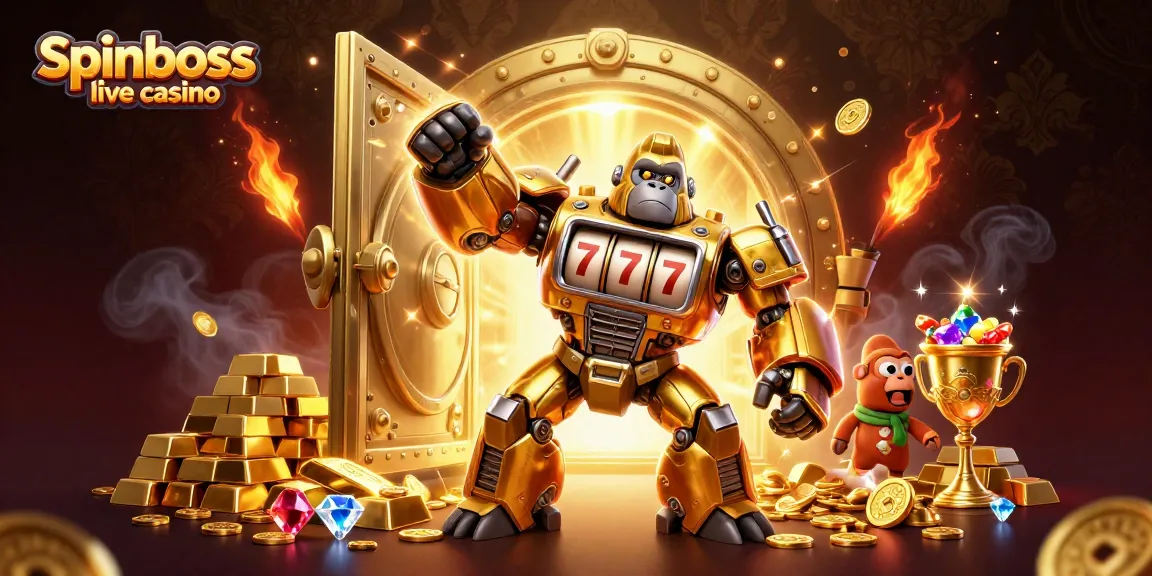 Erleben Sie das SpinBoss Live-Casino mit einem beeindruckenden goldenen Gorilla-Mech, umgeben von Reichtum und Spannung.