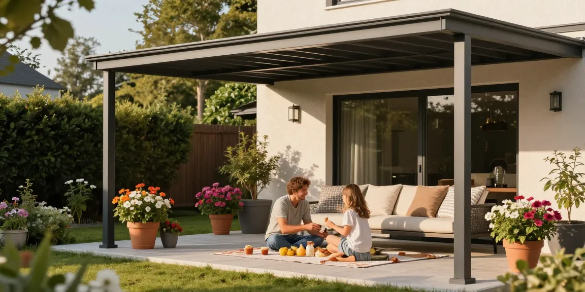 Terrassenüberdachungen im modernen Aluminium-Stil, perfektes Gartenambiente für Freizeit und Entspannung.