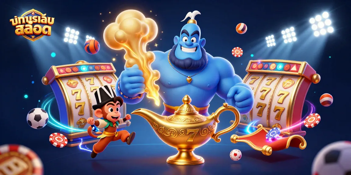 Experience ทดลองเล่นสล็อต with a vibrant scene of a genie and monkey amidst dynamic slot reels and gaming excitement.