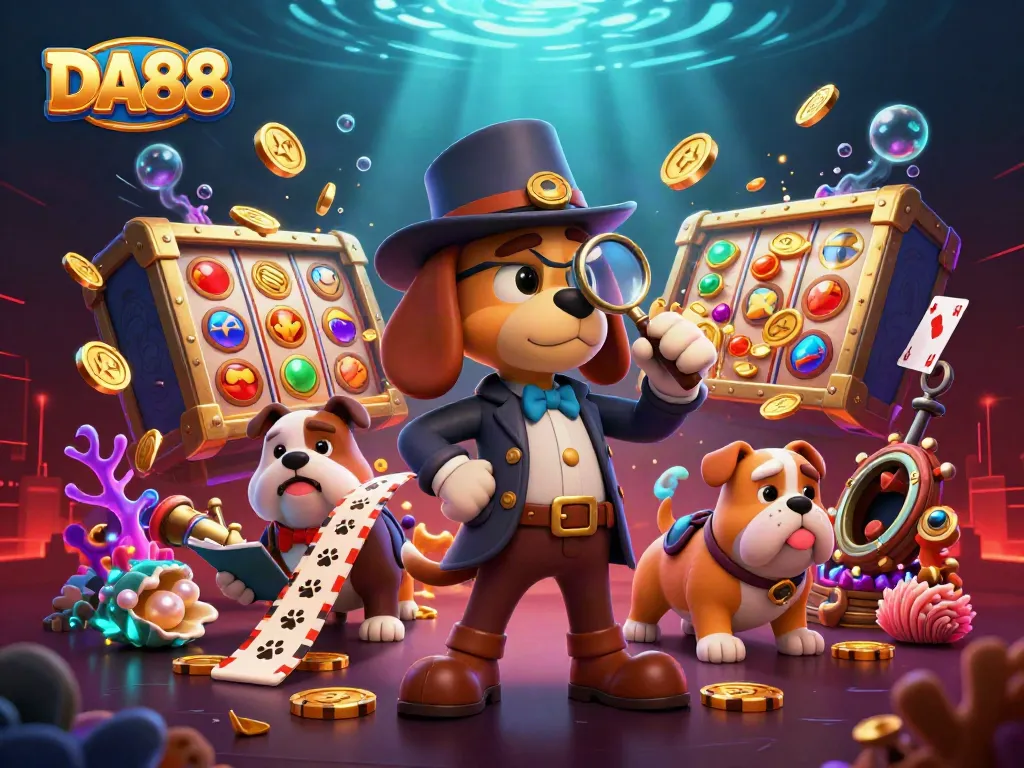 Explore thrilling DA88 casino scenes with cartoon characters amidst dynamic slot reels and poker clues.