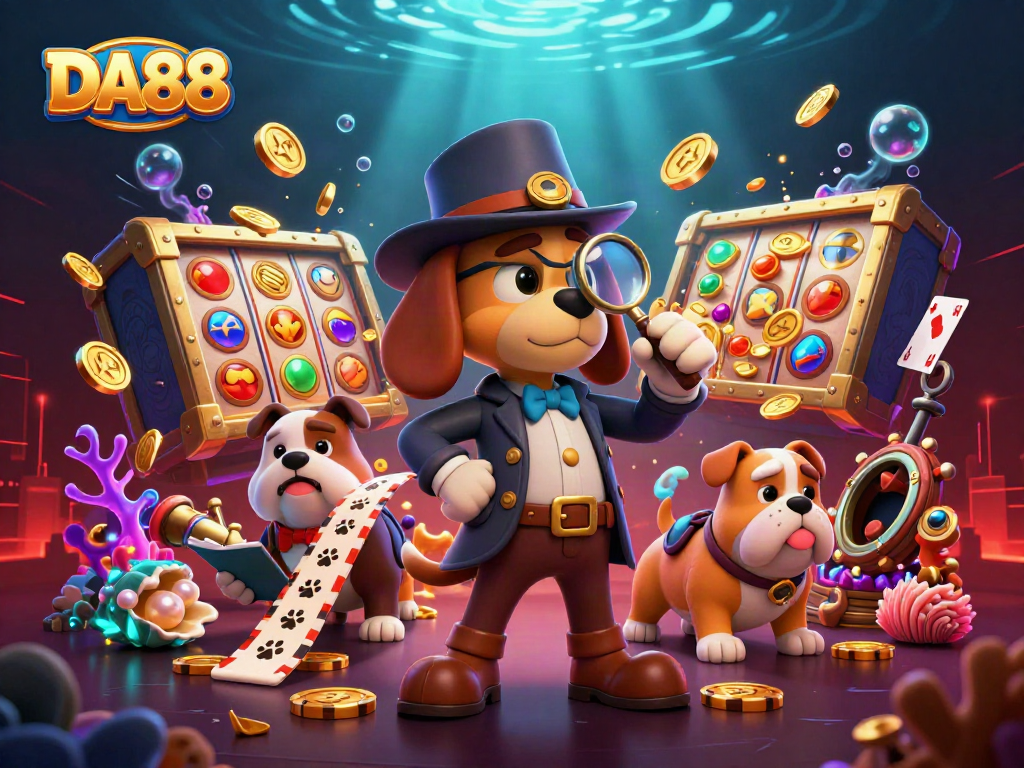 Explore thrilling DA88 casino scenes with cartoon characters amidst dynamic slot reels and poker clues.