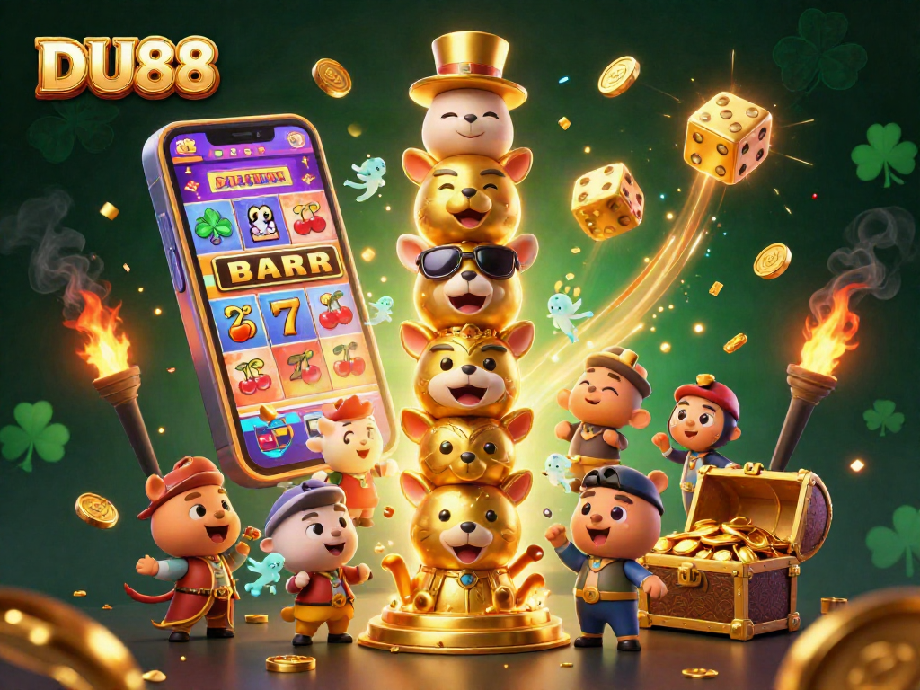 Join the excitement at DU88 with vibrant slot machine bursts and playful totem characters in a casino-themed illustration.