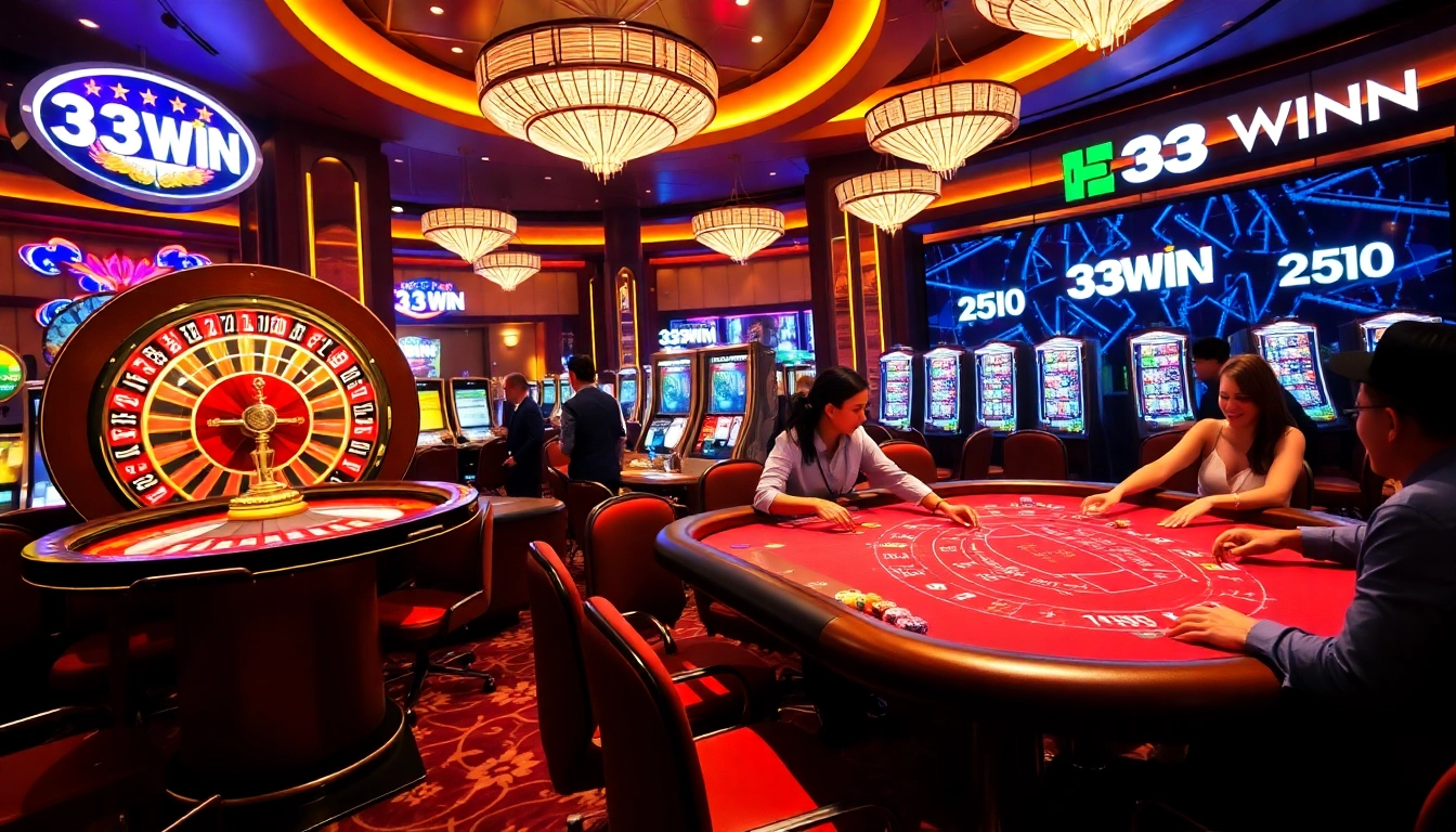 Experience the excitement of 33WIN with vibrant casino gameplay at roulette tables and slot machines.