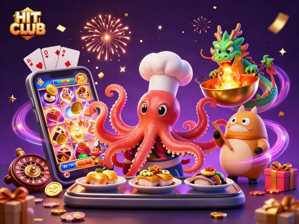 Celebrate wins at HIT CLUB with vibrant casino-themed characters and dynamic gaming elements.