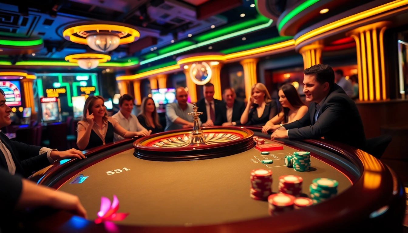 Erleben Sie die Aufregung von casinospielen.de mit lebhaften Casino-Elementen und Spielern am Tisch.