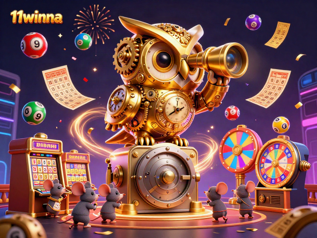 Engage with 11winna in this dynamic 3D casino scene featuring vibrant games and colorful lottery elements.