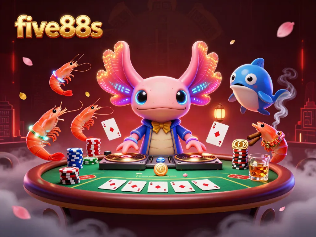 Experience dynamic fun at five88s with a vibrant casino scene featuring an axolotl DJ and lively sea creatures.