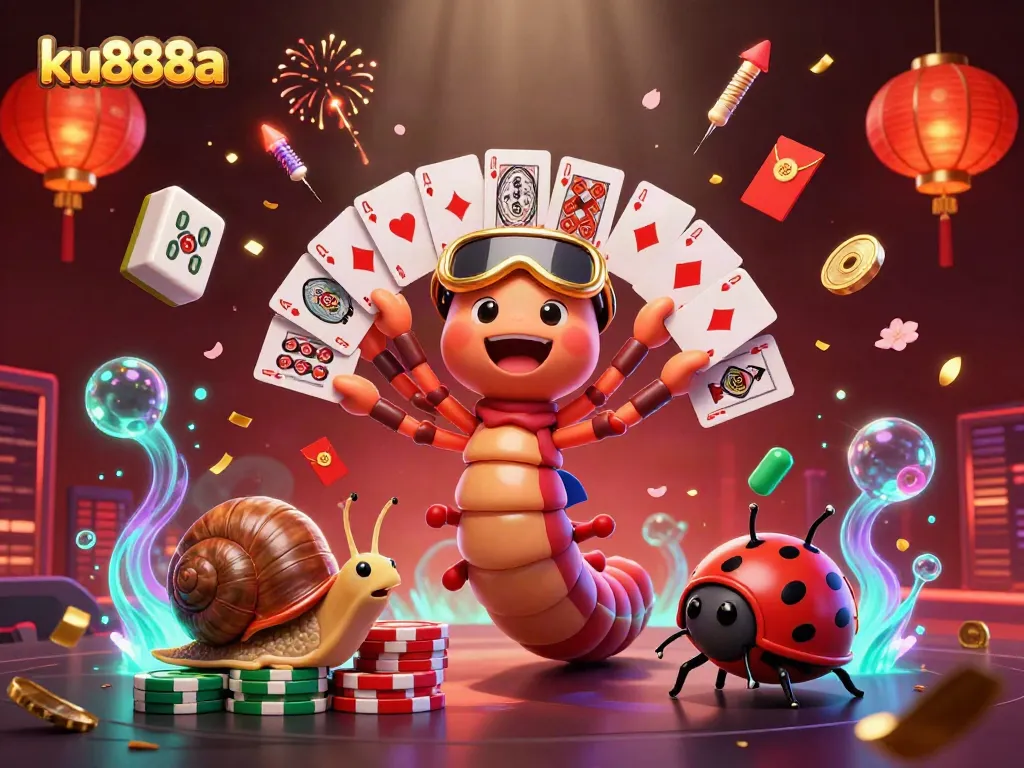 Experience the excitement at ku888a with a vibrant casino scene featuring a cartoon millipede dealer and high-roller snail.