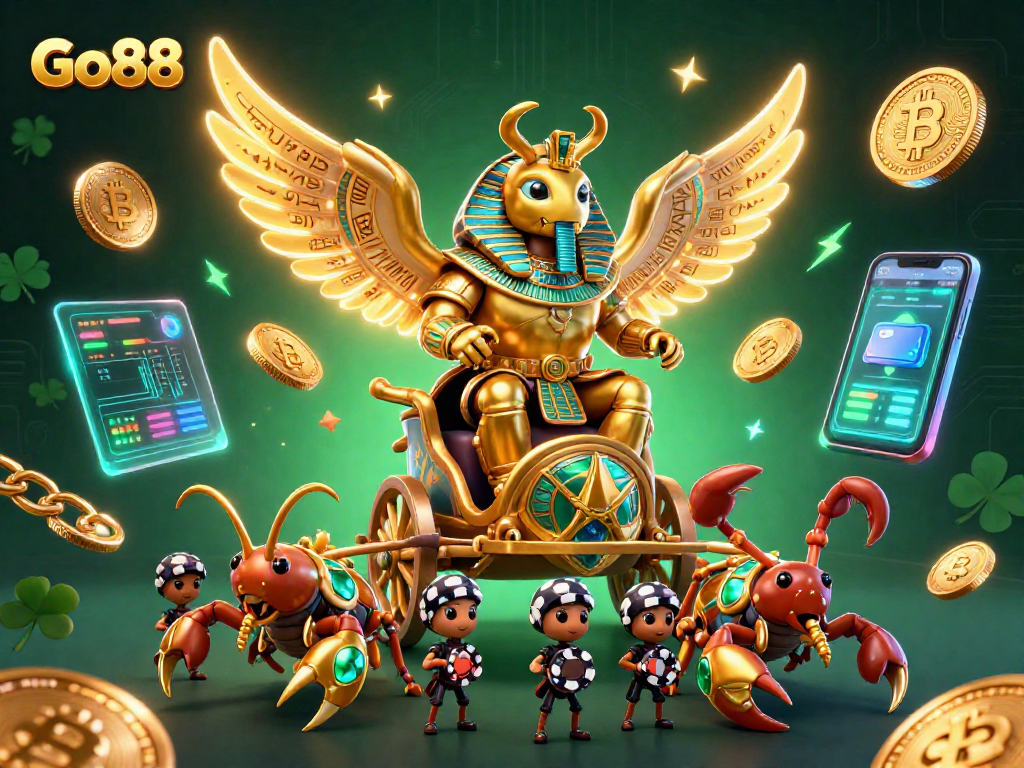 Engage with Go88's dynamic gaming scene featuring vibrant slots, scorpions, and poker chips
