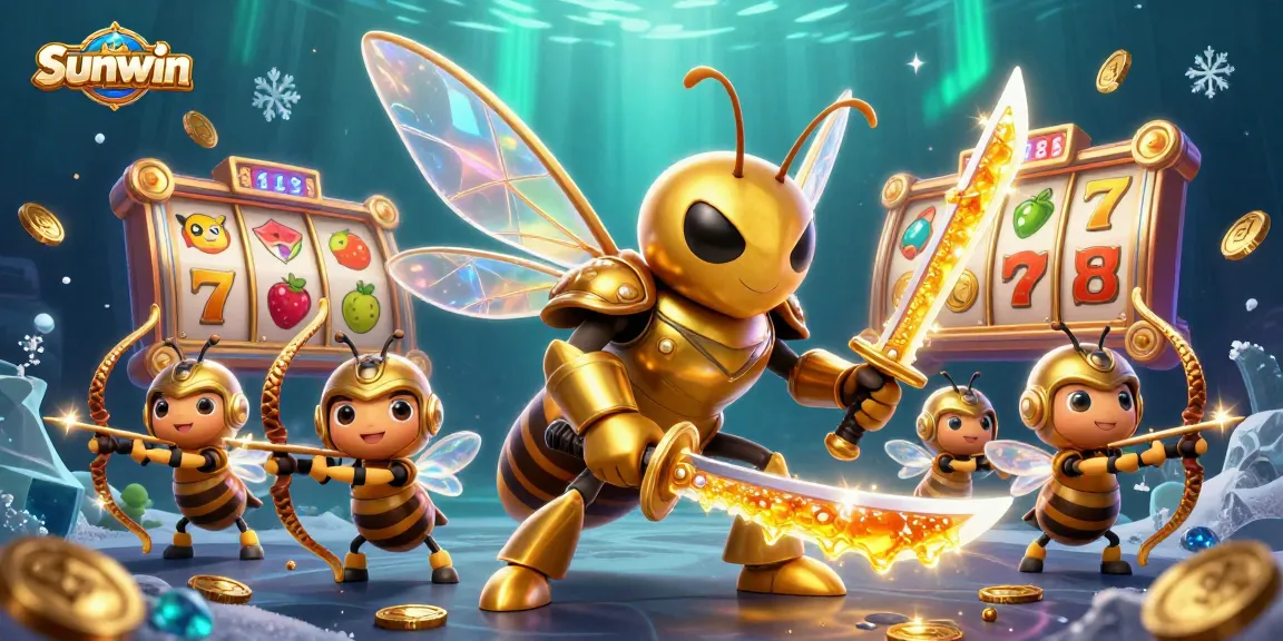 Experience thrilling games at Sunwin with dazzling slot reels, trophies, and vibrant casino elements.