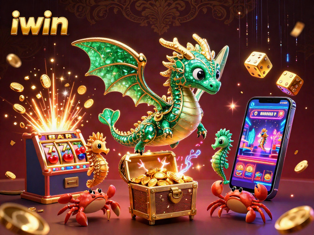 Experience iwin in a vibrant casino spectacle featuring a fantasy sea dragon, slot machines, and treasure chests.