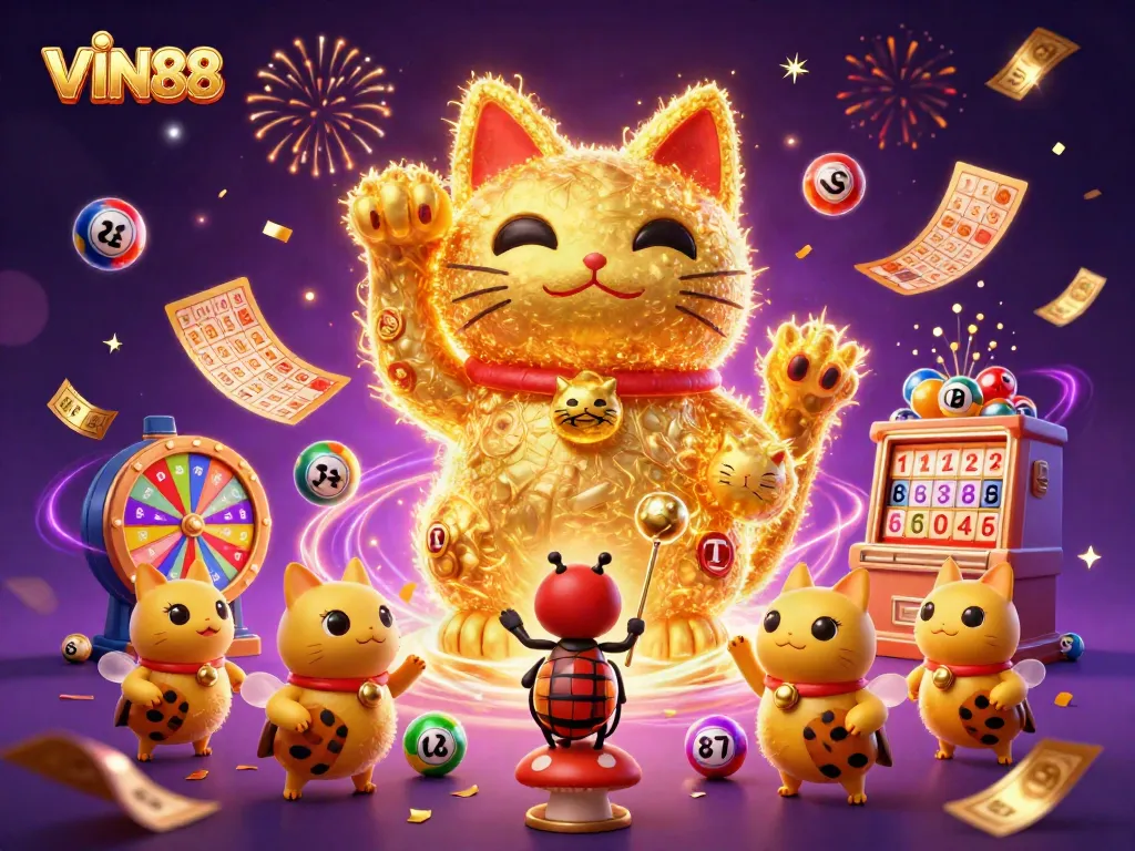 Experience the excitement of VIN88 with colorful dynamics and lucky symbols in this captivating illustration.