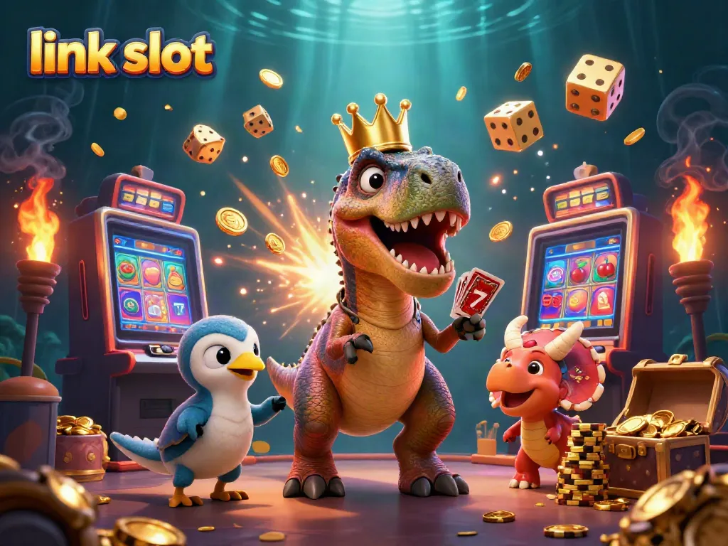 Experience excitement with link slot as cartoon characters navigate a vibrant casino scene.