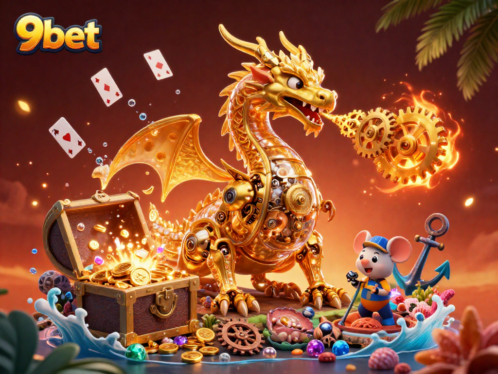 Engage with 9bet's thrilling casino atmosphere, featuring a dynamic golden dragon and dazzling treasures.