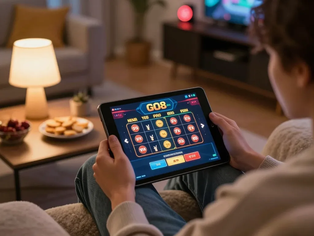 Enjoying online gaming with GO8 Pro on a tablet in a cozy home setting.