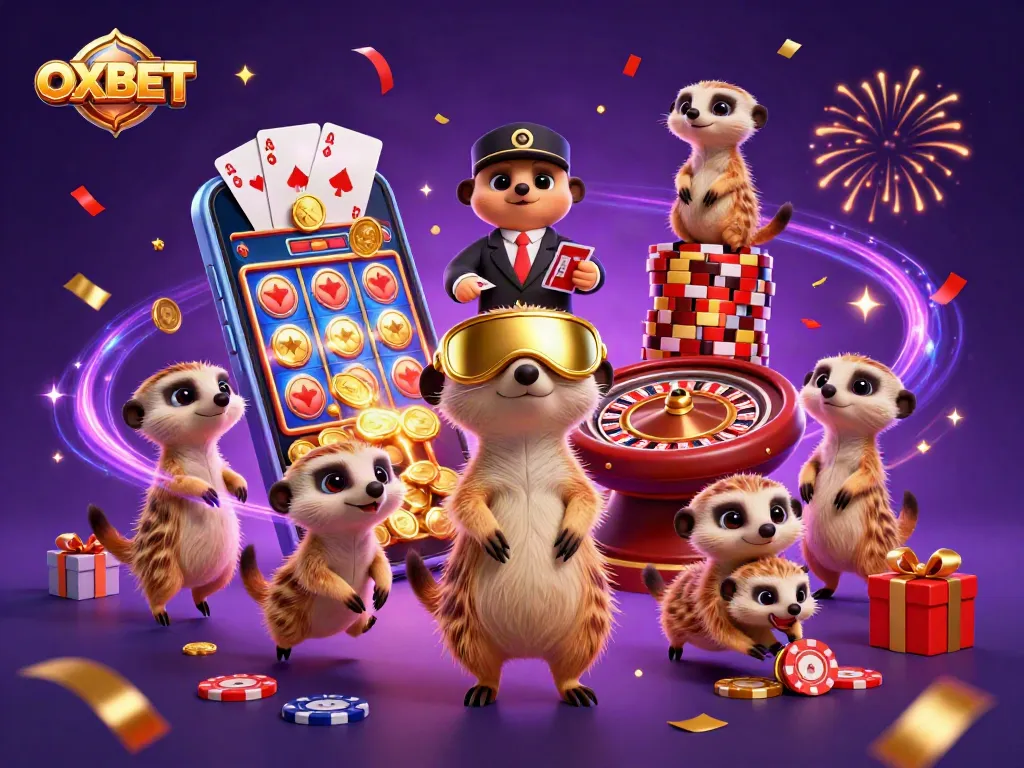 Experience thrilling casino adventures with OXBET's meerkat characters in a vibrant 3D scene.