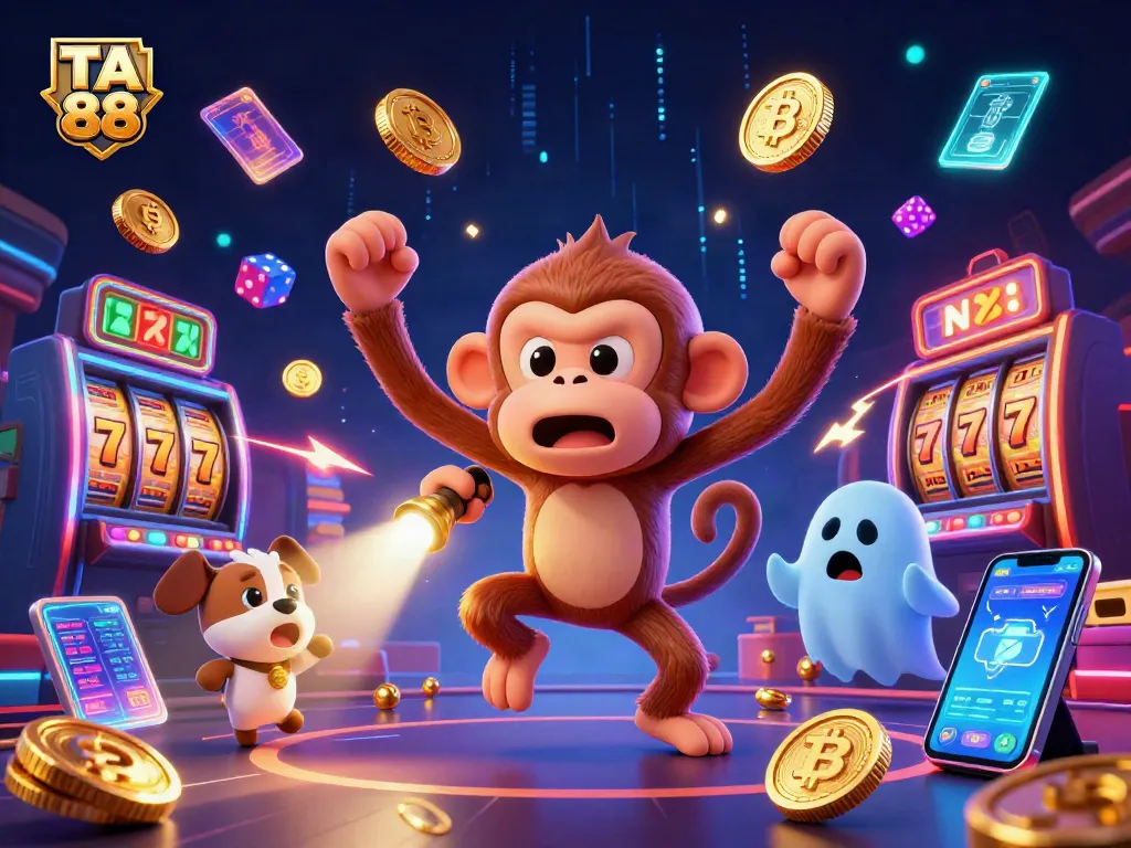 Experience excitement with TA 88 as the mischievous monkey juggles coins in a vibrant casino scene.