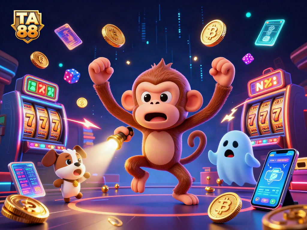 Experience excitement with TA 88 as the mischievous monkey juggles coins in a vibrant casino scene.