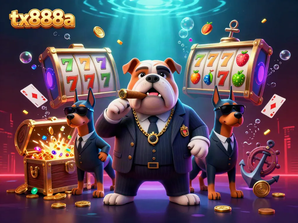 Immerse in the world of tx888a as a mafia boss bulldog and two Doberman guards guard treasures amidst dazzling casino elements.