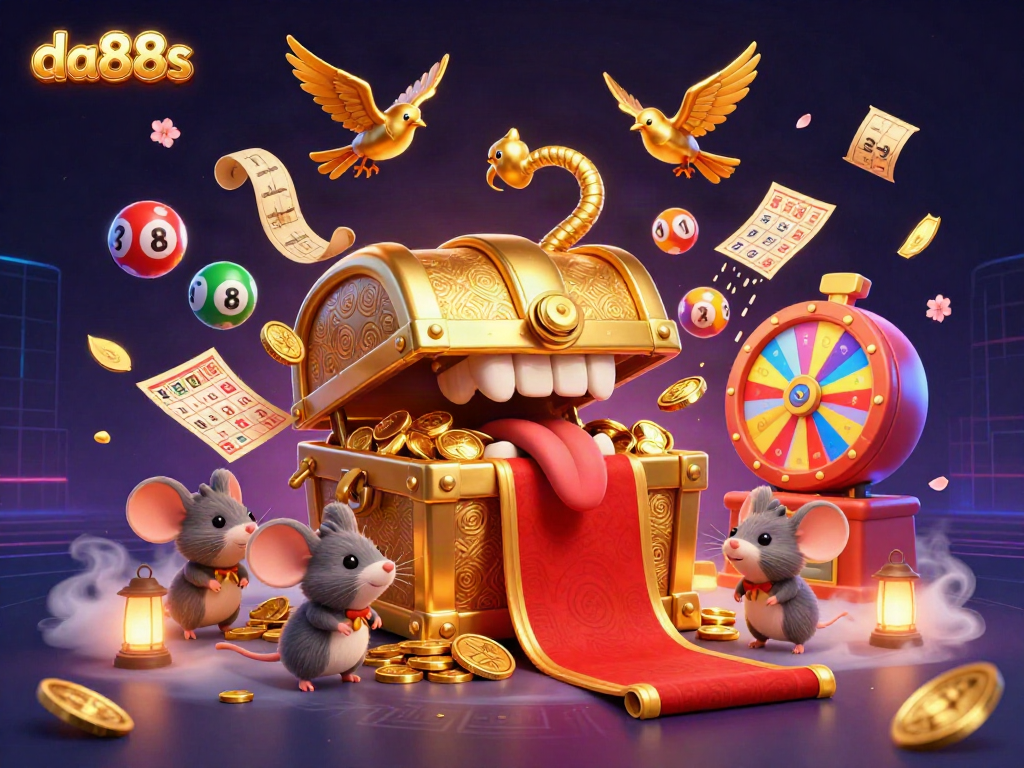 Win big with da88s in a vibrant lottery-themed casino scene filled with colorful elements.