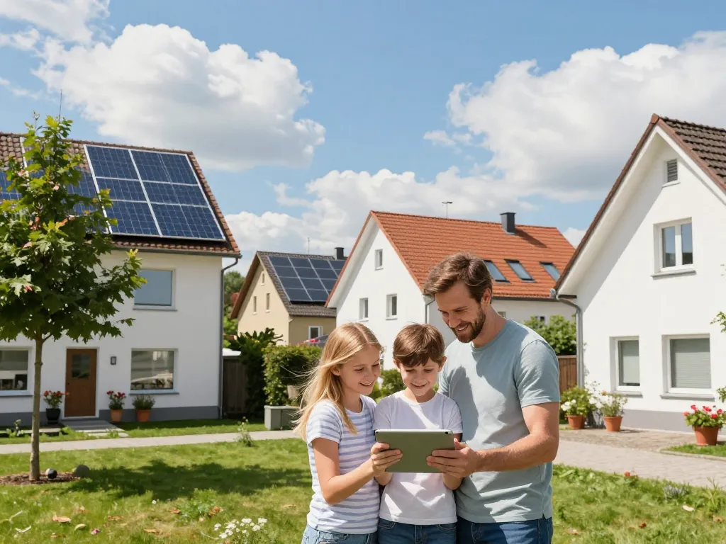 Familie in Bayern vergleicht Solarangebote in einer sonnigen bayerischen Nachbarschaft.