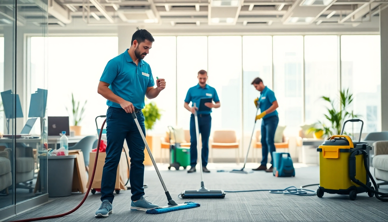 Professionelles Team für Gebäudereinigung Ulm während des Reinigungsprozesses in einem Büro.