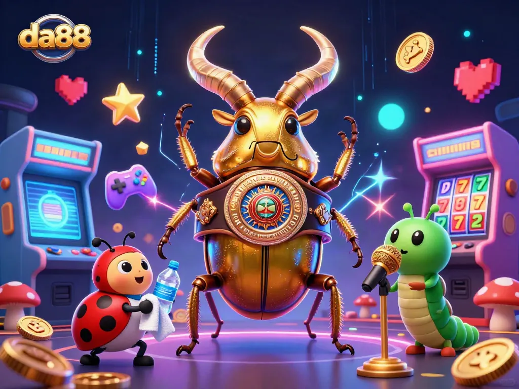 Engage with da88's vibrant casino scene featuring a golden stag beetle champion amid arcade excitement.