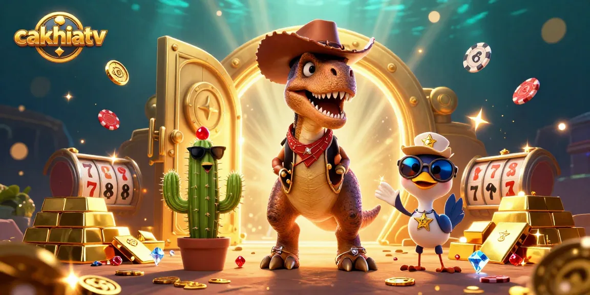 Cakhiatv features dynamic cartoon dinosaur characters engaging with vibrant gambling elements in an exciting online casino scene.