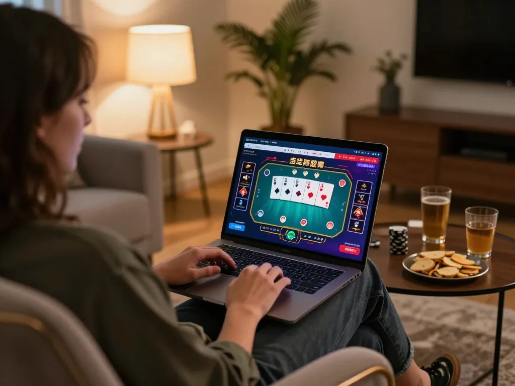 Player engaging with p789bet's online casino interface in a cozy home setting