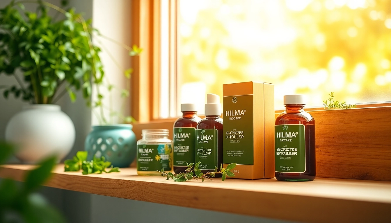Hilma Biocare Produkte auf einem eleganten Regal in einem natürlichen Umfeld präsentieren.