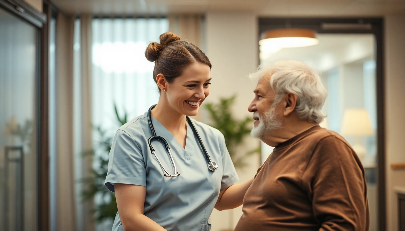 Pflegefachkraft stelle hameln: Eine Pflegefachkraft betreut freundlich einen älteren Patienten in einem modernen Pflegeheim.