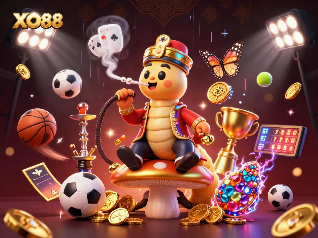 Engage in exciting gaming activities at XO88 with illustrated dynamic elements like poker hands and sports balls.