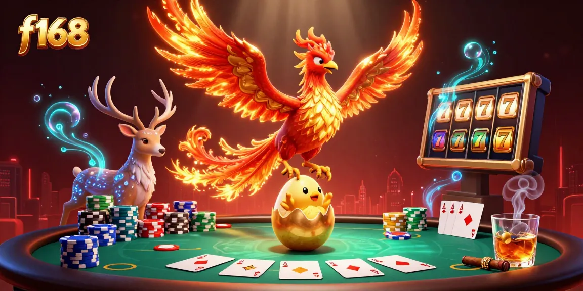 Experience the thrill of f168 as a fire phoenix emerges from a golden egg amidst vibrant poker elements.