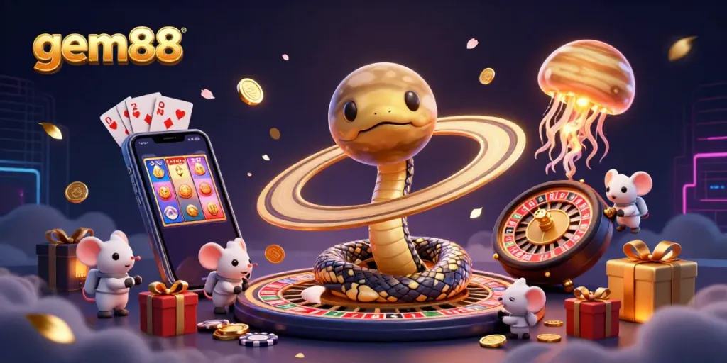 Experience the dynamic universe of gem88 with an illustration of a Saturn ring snake, astronaut mice wagering on roulette, and colorful slot games erupting coins.