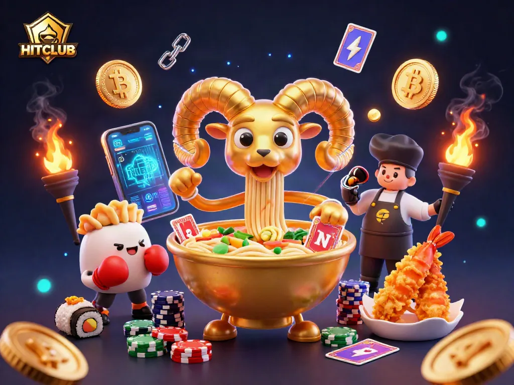HITCLUB showcases a vibrant 3D casino scene with a giant ramen bowl dealing cards in a dynamic and engaging atmosphere.