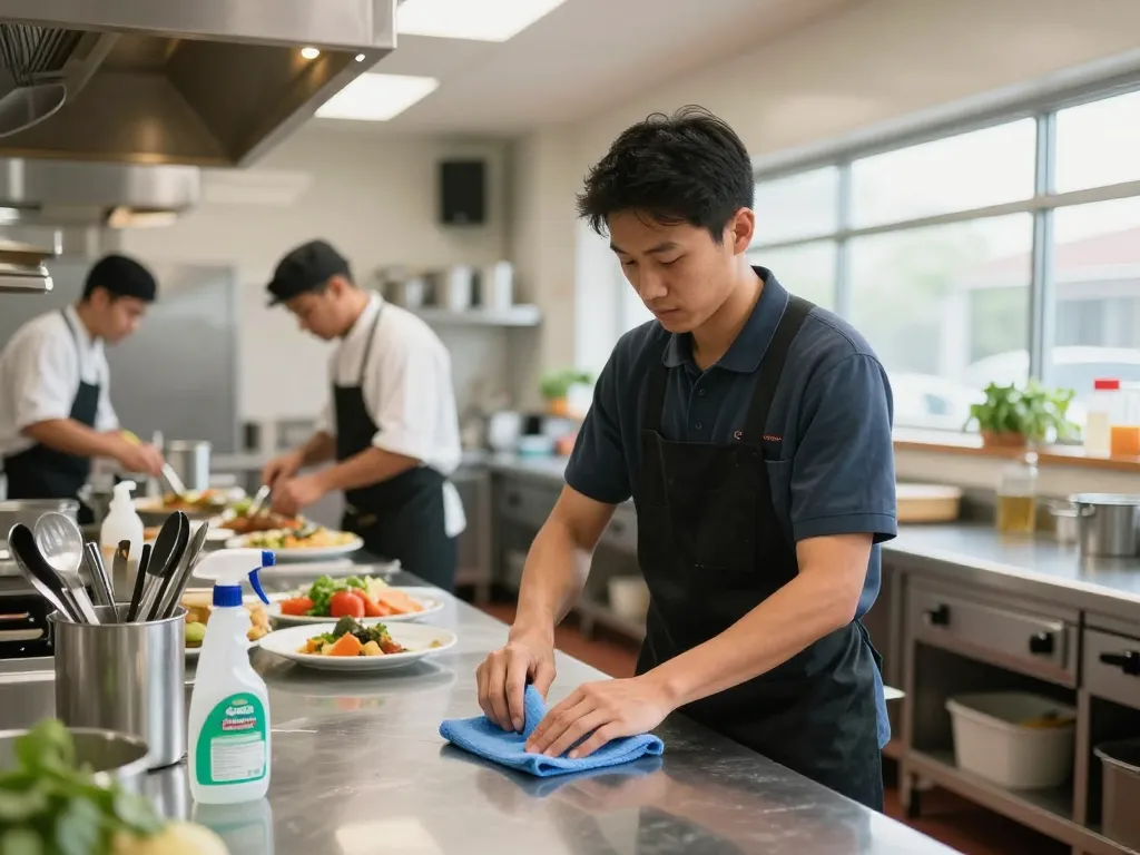 Professionelle Gastro-Reinigung in Münster mit einer professionellen Reinigungskraft, die Küchenelemente in einer belebten Restaurantküche schrubbt.