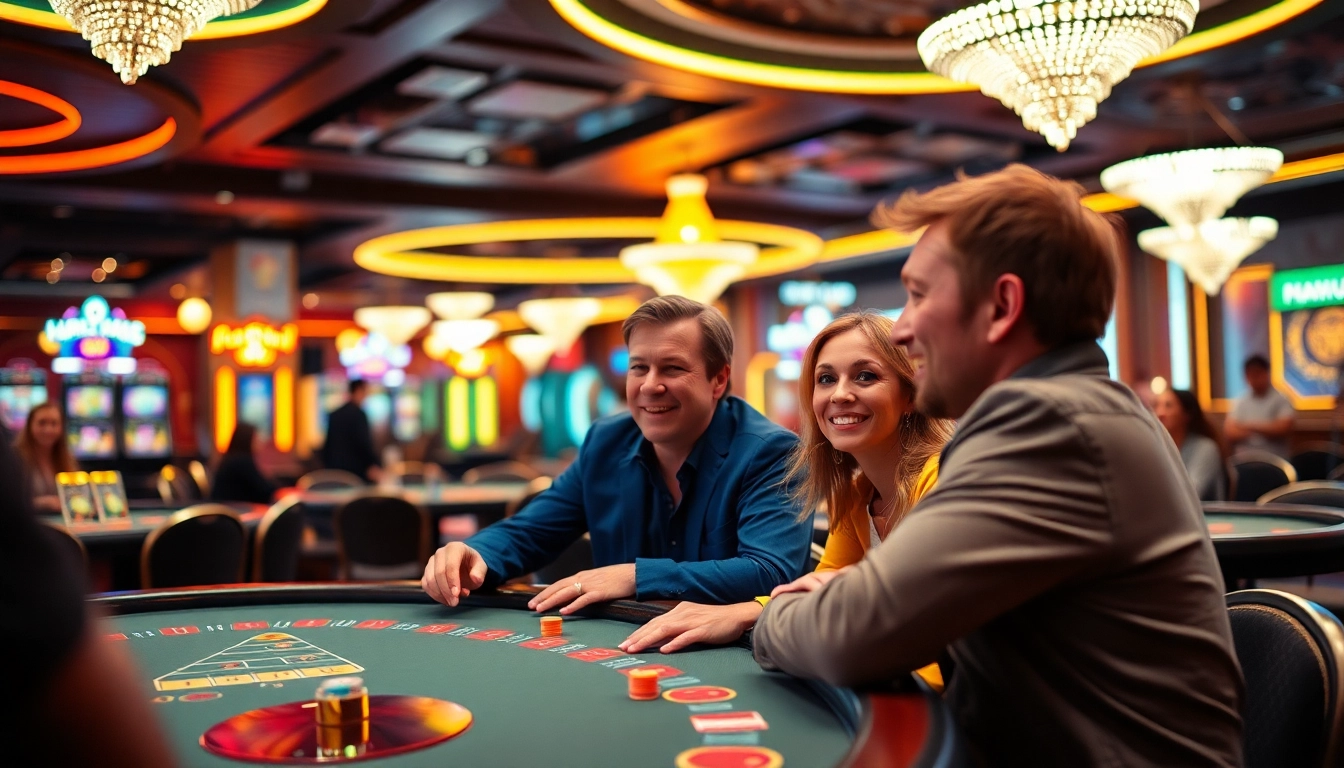 Casino Bonus ohne Einzahlung Deutschland: Spieler glücklich bei Tischspielen in einem bunten Casino.