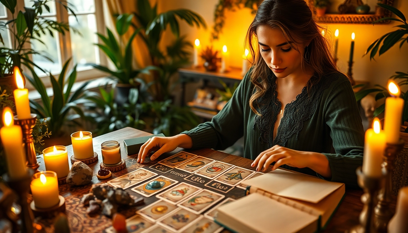 lenormand orakel online auf einem Tisch mit Karten und Kerzen, entspannte Atmosphäre