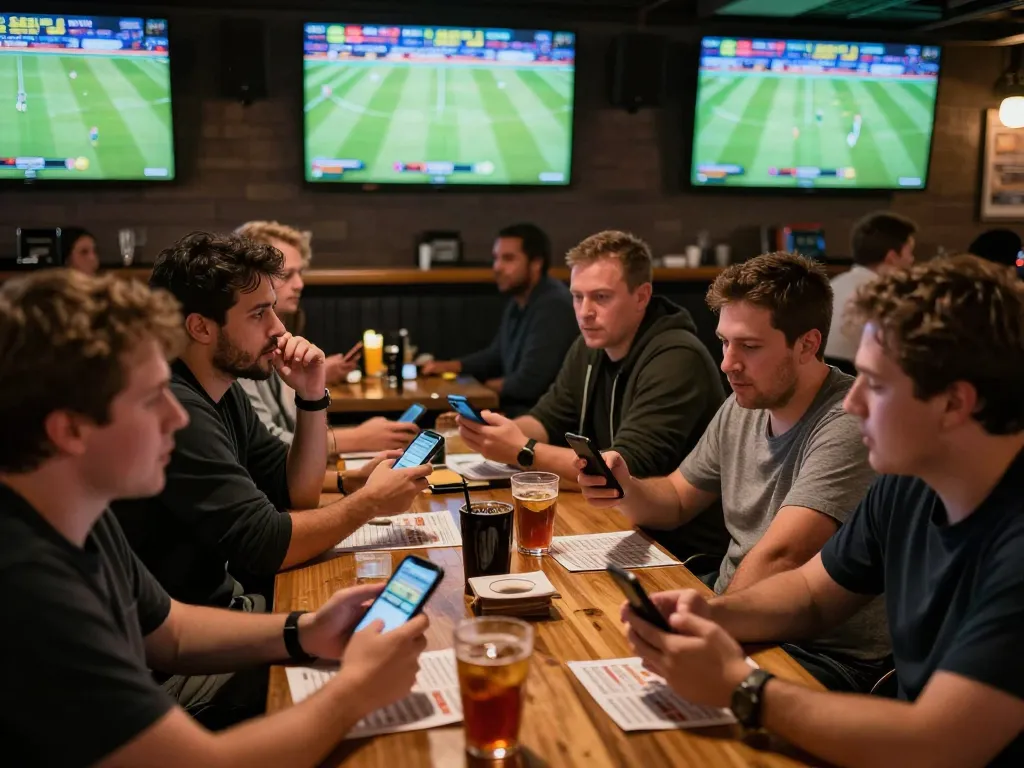 Cá độ bóng đá with eager fans analyzing sports bets in a lively bar atmosphere