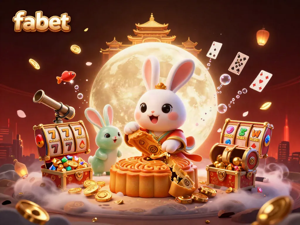 Experience the thrill with fabet as the moon rabbit reveals poker chips hidden in mooncakes amidst an exciting casino scene.
