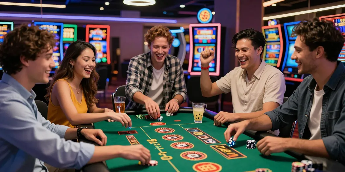 BetLabel Spielergruppe im modernen Casino mit bunten Lichtern und aufregenden Spielen
