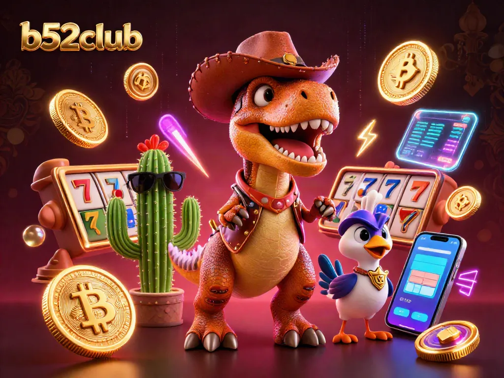 B52club offers exhilarating slot experiences with dynamic characters amid glowing crypto elements.