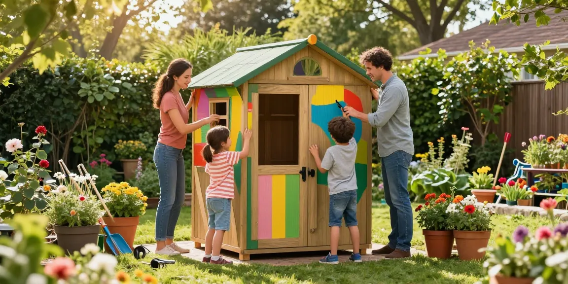 Gartenhaus kaufen: Familie baut gemeinsam ein Holz-Gartenhaus im blühenden Garten.