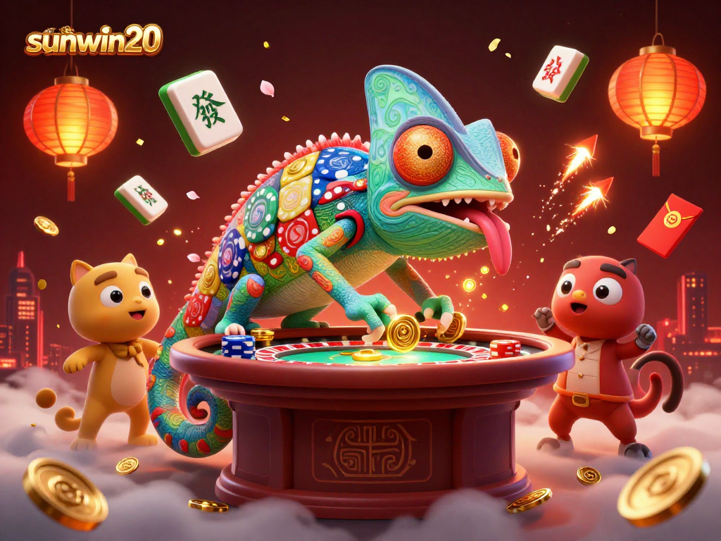Engage with sunwin20 casino excitement featuring dynamic gaming elements and a colorful chameleon casino owner.