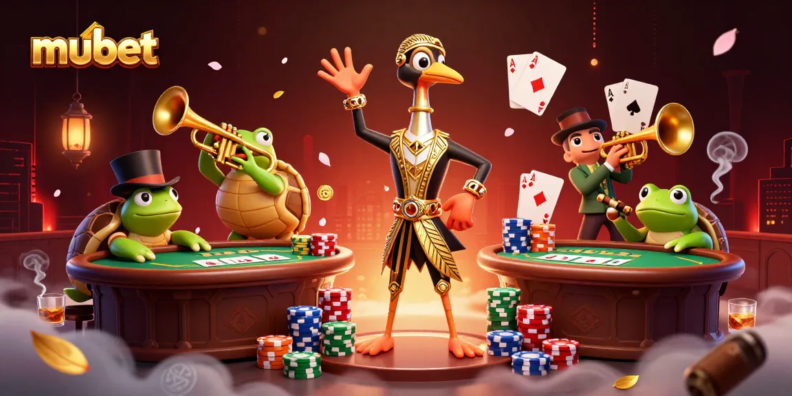 Place bets and win at Mubet, featuring a 3D art deco crane and vibrant casino scene.