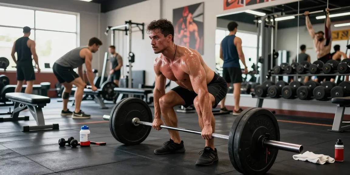 Strong man lifting weights in Anabolika Shop gym, showcasing dedication to bodybuilding.