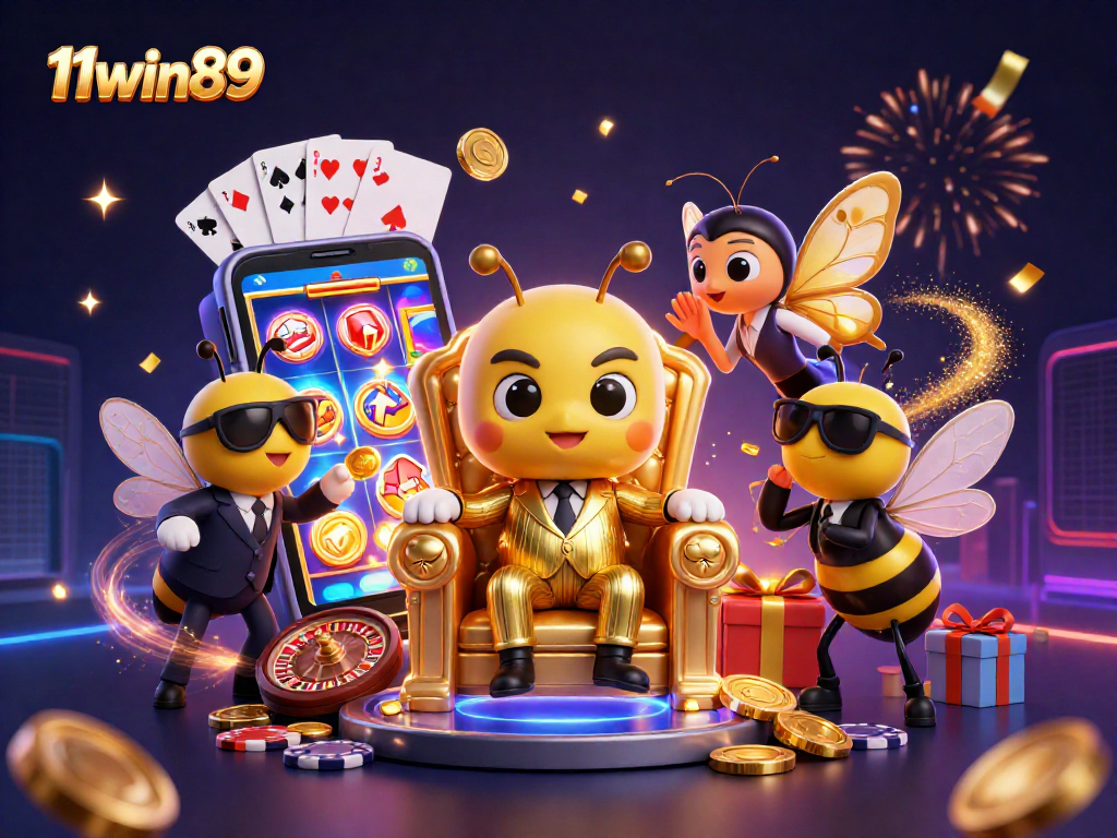 Engage with 11win89's thrilling slot games and casino action in a lively 3D bumblebee-themed illustration.