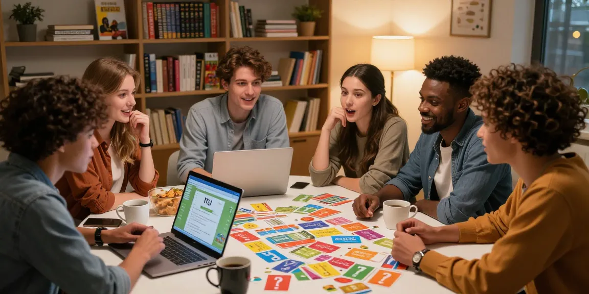 Group of friends enjoying a fun Quiz Allgemeinwissen session in a cozy study.