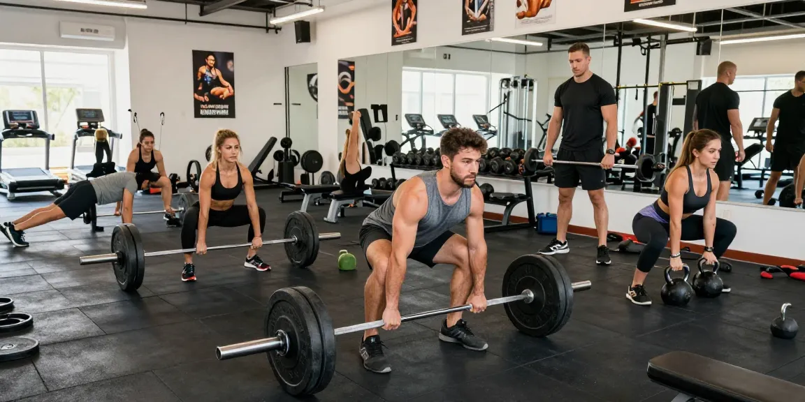 Anabolika Shop Deutschland, der Sportler zeigt, die mit Gewichten in einer lebhaften Fitnessstudio-Umgebung trainieren, wobei Stärke und Fitness betont werden.